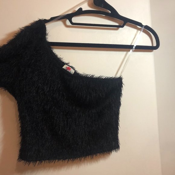 Blue Leopard Sweaters - Blue Leopard One Shoulder Fuzzy Sweater